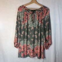 Style + Co Size 2x Green Peach Floral Peasant Blouse Semi Sheer  Polyester - £19.77 GBP