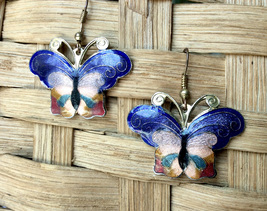 Cloisonné Butterfly Dangle Ear Rings in Blue - £11.80 GBP
