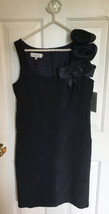 Teri Jon Rickie Freeman Silk Sheath Dress Rosette Flowers New $418 Sz 10 Navy - £115.25 GBP