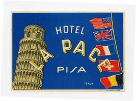 Hotel La Pace Luggage Label Pisa Italy 5 Country Flags  - $11.88