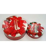 Vintage round tin cookie candy  containers poinsettia candle holiday design - €16,92 EUR