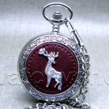 Pocket Watch Silver Color Leather Cover Deer Design for Men with Fob Chain P125 - £16.88 GBP