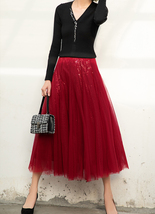 Wine Red Midi Tulle Sequin Skirt Women High Waisted Holiday Tulle Skirt Outfit image 4