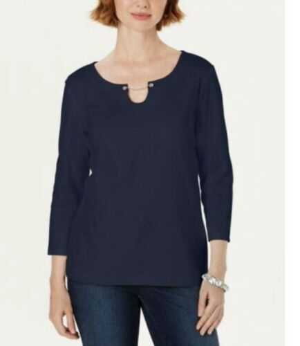 Women&#39;s Karen Scott Navy Blouse with Keyhole Accent, XS - New! - $13.86