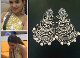 Bollywood antique Silver Gray Earrings Chandbali Jewelry Pearl Kundan Bridal Set - £22.88 GBP
