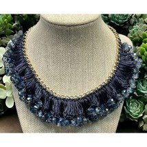 Vintage Blue Beaded Necklace Choker Crochet Bib Silver Tone 14&quot; Long - £11.77 GBP