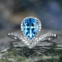 1.25Ct Ice Blue Pear Aquamarine Diamond Fancy Wedding Ring 14k White Gold Finish - £70.04 GBP