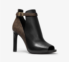 Michael Kors Lawson Open Toe Black Leather Brown Signature Logo Boot 8 M... - $89.99