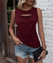 Floral Blooming Wine Cutout Knot-Hem Sleeveless Top L - £11.07 GBP