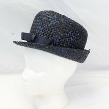 Women Navy Blue Weave Vintage Straw Hat Size 21&quot; Small w/ Bow and Box - $45.92 CAD