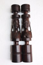 Vintage Pair African Ebony Wood Hand Carved Exotic Figurial Candlesticks 10&quot; Exc - £62.14 GBP
