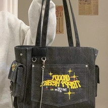 Washed Canvas Embroidered Letters Portable Retro Vintage Tote High Capacity Shou - £30.04 GBP
