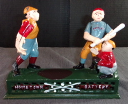 Hometown Battery Baseball Green Red &amp; Blue Coin / Piggy Bank Cast Iron - $50.48