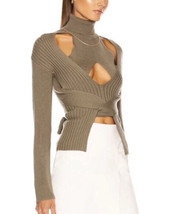 Olive Green Knit Wrap Ribbed Cable Tie Sweater Designer Style Size Small - £22.86 GBP
