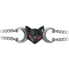 Alchemy Gothic Worshipping Bastet Bracelet Egyptian Black Cat Chain Moons A135 - $41.05