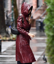 Women Leather Long Coat Red Jacket Trench Overcoat with Hoodie - £216.06 GBP+