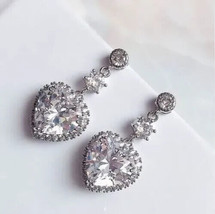 4Ct Heart Cut Simulated Moissanite Halo Dangle Earrings 14K White Gold Plated - £44.96 GBP