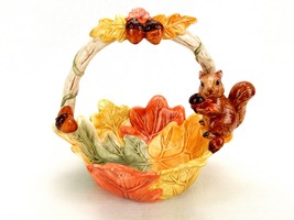 Cute Porcelain Nut Basket, Colorful Fall Oak Leaves, Squirrel w/Acorns, Vintage - £54.49 GBP
