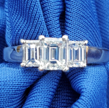 Earth mined Diamond Deco Engagement Ring 3 Stone Emerald cut Solitare 14k Gold - $4,460.25