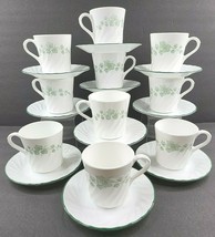 10 Corelle Callaway Cups Saucers Set 3.5&quot; Corning Green Ivy Swirl Coffee Tea Mug - £55.09 GBP