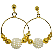 Vintage Style Hoop Earrings Gold Tone &amp; Textured White Beads Approx. 1.5 in - £7.80 GBP