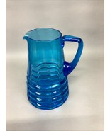 Vintage Art Glass Blue Water Jug Pitcher W/ Handle - 10.5”H - $34.64