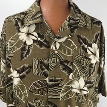 Island Shores Aloha Hawaiian XXL Tan Brown Tapas Hibiscus Leaves Shirt - £23.97 GBP