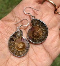 925 Sterling Silver + Ammonite Earrings, Ammonite Jewelry Hand Made - £25.62 GBP