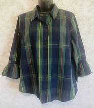 Crown &amp; Ivy Women&#39;s Size Large Blue Green Highland Plaid Ruffled Flare Sleeve - £15.46 GBP