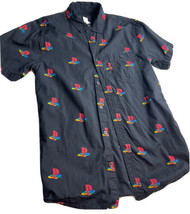 Sony PlayStation Men Button Up Shirt Black Logo Allover Print Camp  Medi... - £7.74 GBP
