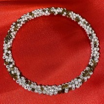 VTG Solid Seed Beaded Bracelet Faux Pearl &amp; Gold Sparkling Amber Colored Beads - £11.95 GBP