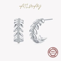 Ailmay Genuine 925 Silver Elegant Leaf Clear Zircon Stud Earrings For Women Girl - £16.79 GBP