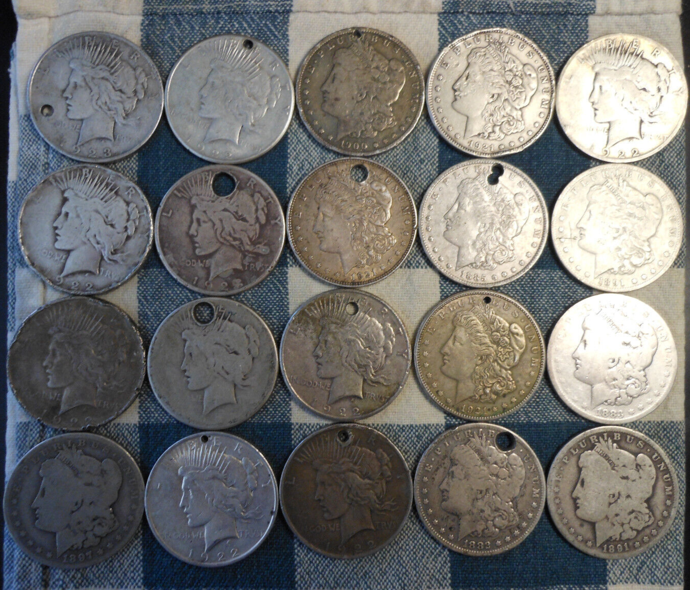 Primary image for ROLL OF 20 MORGAN & PEACE 90% JUNK SILVER DOLLARS DAMAGED POOR UGLY HOLED CULLS