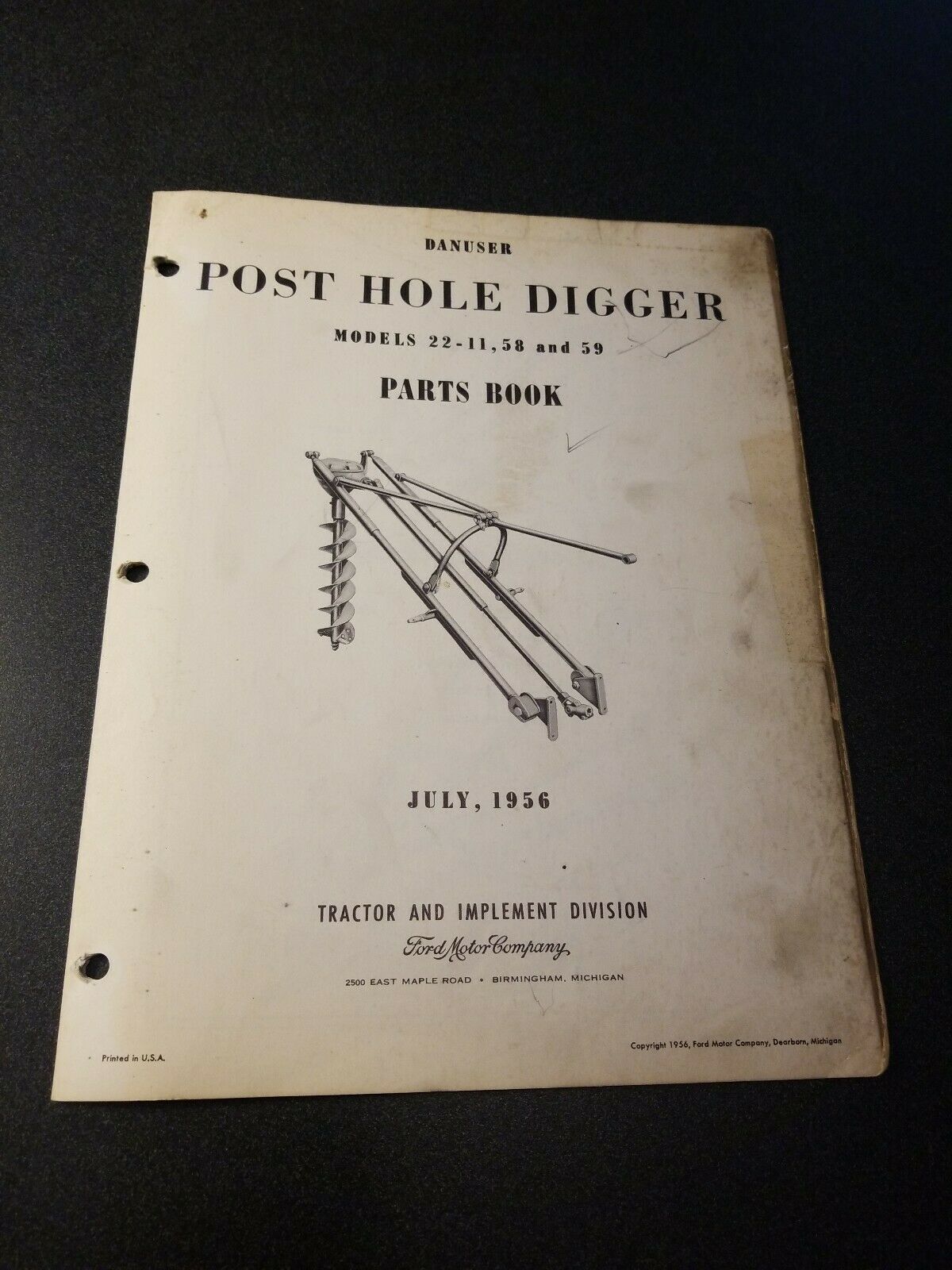 1956 Original Ford Dearborn Post Hole Digger Master Parts Book Model 22-11 - $19.60