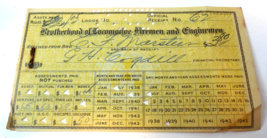 Brotherhood Of Locomotive Firemen Enginemen Membership Receipt 1939 July 1 - £19.63 GBP