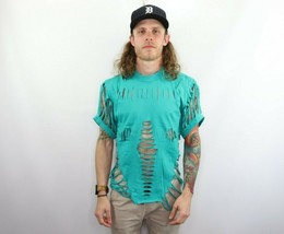 NOS Vtg 90s Streetwear Fringed Cut Short Sleeve T-Shirt Teal Blue USA Ad... - $19.75