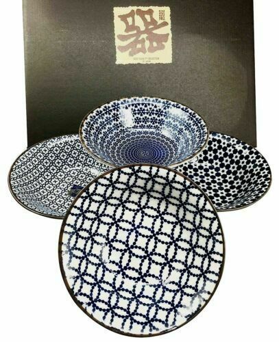 Made In Japan Pack Of 4 Geometry Blue White Pattern Ceramic Rice Meal Soup Bowls