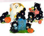 3 Vintage Halloween Flocked Black Cat Pumpkin Ghost Die Cut Wall Decoration - $35.63