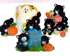 3 Vintage Halloween Flocked Black Cat Pumpkin Ghost Die Cut Wall Decoration - $35.63