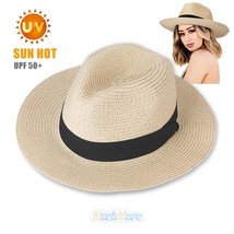 Womens Wide Brim Straw Panama Hat Fedora Summer Beach Sun Hat Upf50 Stra... - £22.34 GBP
