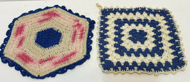 Vintage Handmade Crocheted Lot of 2 Pot Holders Hot Pads Blue Pink White - $8.67