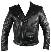 Black Leather Jacket Brando Biker Shoulder Epaulets Front Zipper Belted ... - $2,546.82 MXN