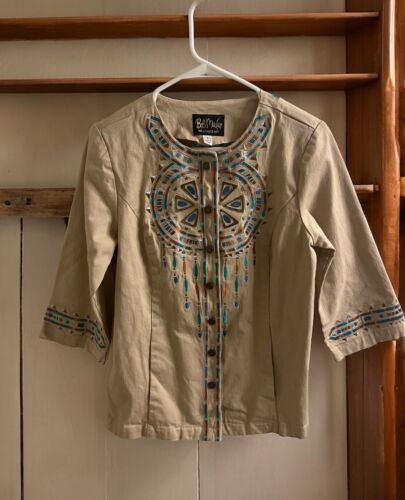 Bob Mackie Wearable Art Embroidered Festive Tan Jacket Size Small Blue B... - $27.72