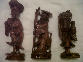 Set of 3 12&quot; Antique Asian Wood Lucky Gods Fu Lu Shou or Fuk Luk Sau - £77.78 GBP