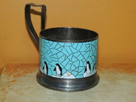 USSR Russian Enamel Penguin Design Tea Cup / Glass Holder bronze silverp... - $63.13 CAD