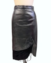 Women’s Black Leather Pencil Skirt VTG S   1980s Cool Hem Details Applique - $61.48