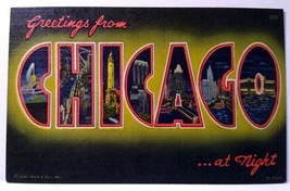 Greetings From Chicago At Night Illinois Large Letter Postcard Linen Curt Teich - £8.98 GBP