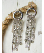 Long Bohemian Silver Tone Tassel White Crystal Dangling Earrings  - £13.87 GBP