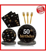 Complete 50th Birthday Party Kit - 96 Pcs Black Gold Decor Serving 24 Gu... - $39.46 CAD