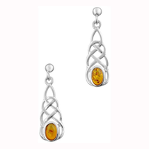 Celtic Eternity Interlaced Knotwork Sterling Silver Earrings with Amber Stone - £24.52 GBP